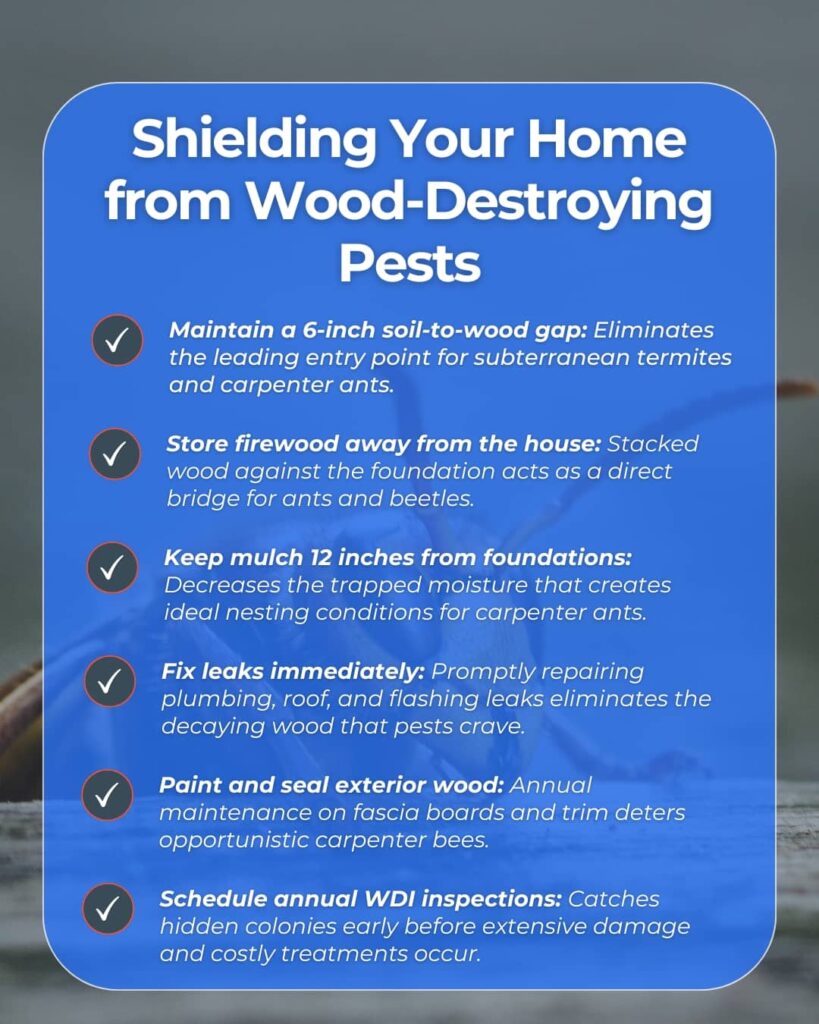 An educational graphic with a blue background and a subtle insect watermark, titled "Shielding Your Home from Wood-Destroying Pests," which lists six bulleted maintenance tips for preventing pest damage.