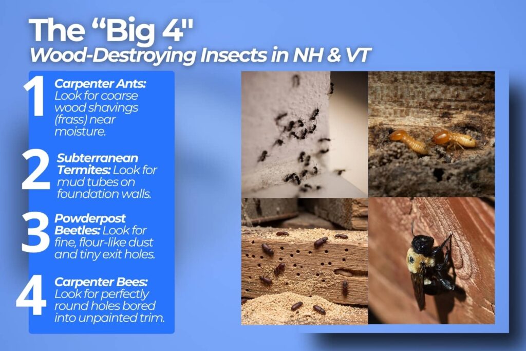 An educational infographic identifying the "Big Four" wood-destroying insects in New Hampshire and Vermont, featuring key warning signs and photos for carpenter ants, termites, powderpost beetles, and carpenter bees.